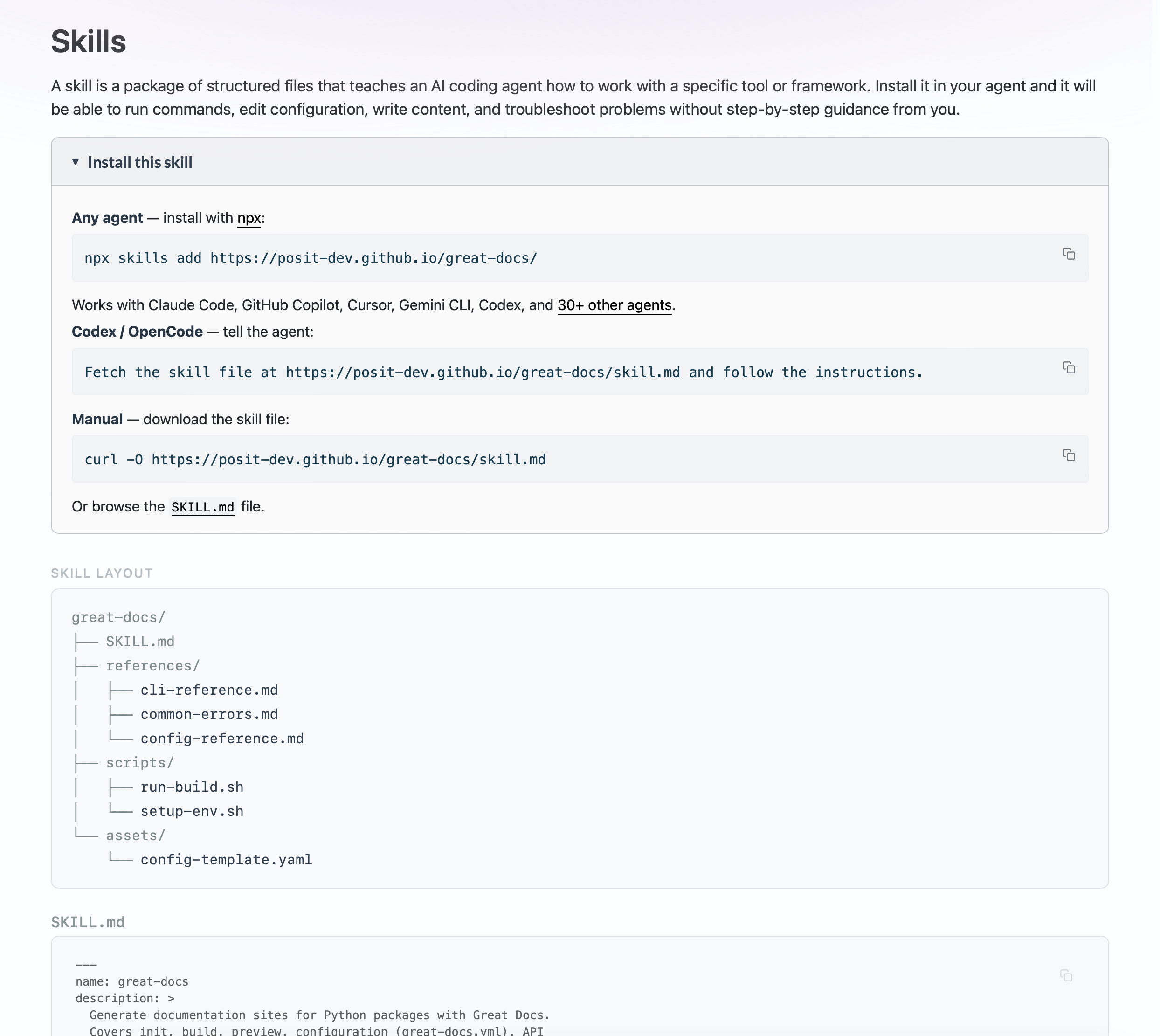 The Skills page for the Great Tables documentation site, showing the skill file tree, companion files, and agent install instructions.